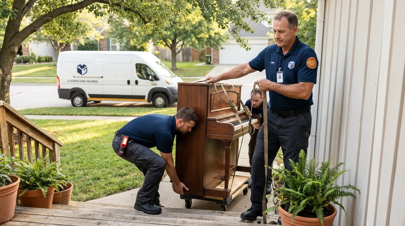 Licensed piano movers securing grand piano in New Berlinville, PA
