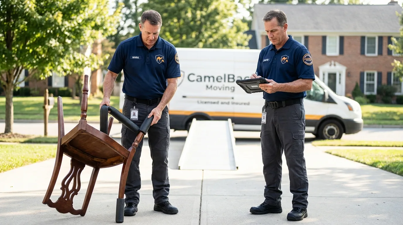 Movers inspecting furniture for damage prevention before loading in New Berlinville, PA