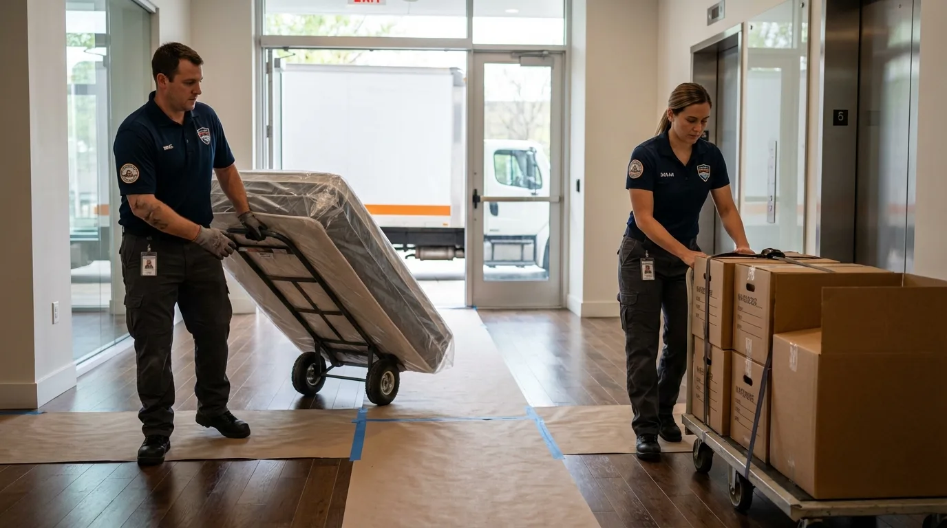 Professional apartment movers loading elevator in New Berlinville, PA